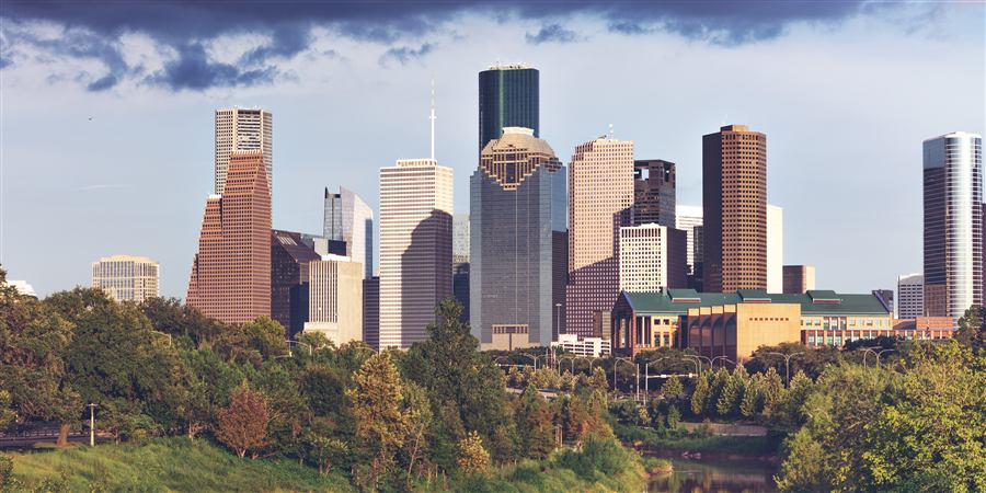Houston skyline or streetscape, recognizable, tasteful, daytime