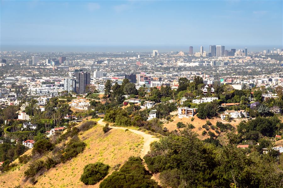 Los Angeles skyline or streetscape, recognizable, tasteful, daytime
