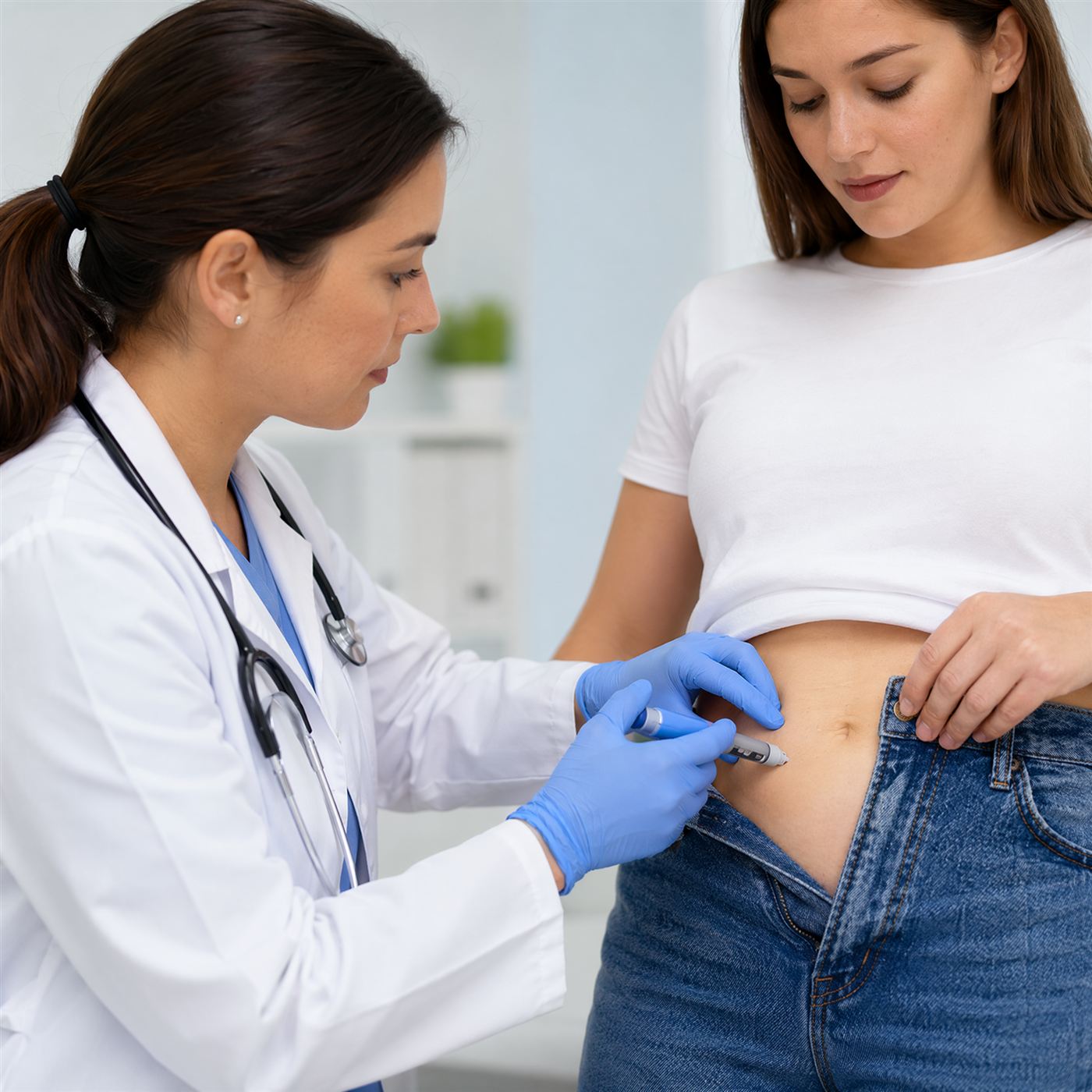 Clinician administering a GLP-1 injection during a supervised medical weight-loss consultation