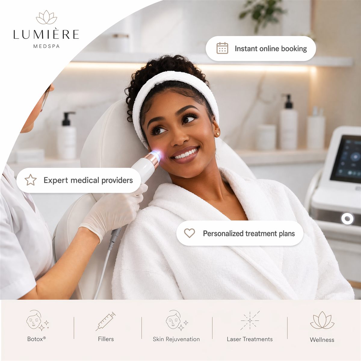 Woman receiving a skin treatment from a med spa provider, smiling