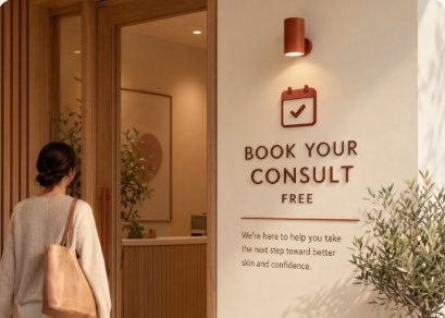 Woman walking into a bright, calm clinic entrance to book her free consult